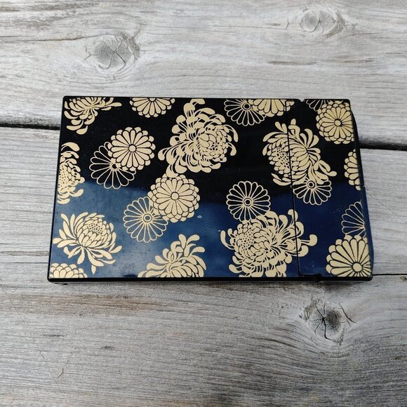 Vintage Floral Makeup Compact Mirror Made in Japan BLACK GOLD EUC - Picture 1 of 6